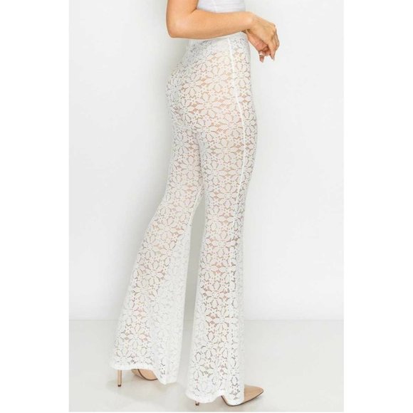 Bear Dance Pants - Lace Bell Bottom Pants High Waist White Size S M L